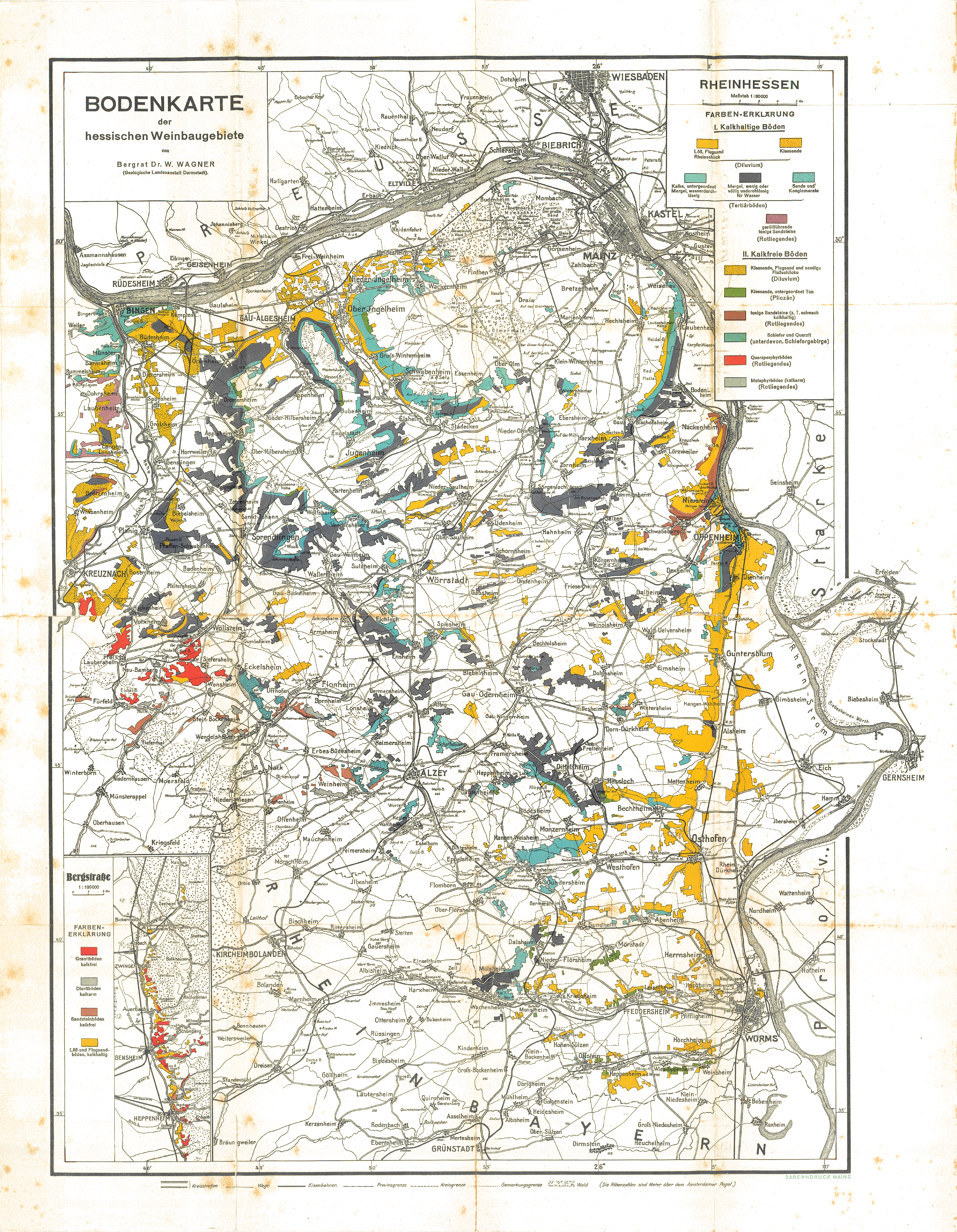 Bodenkarte von Bergrat Dr. W. Wagner (Geologische Landesanstalt Darmstadt). Die Karte lag 1927 der zweiten Auflage des Buchs „Die Rheinweine Hessens“ bei. Es handelt sich um ein einzigartiges Zeitdokument, das in dieser Form nur für Rheinhessen existiert.
