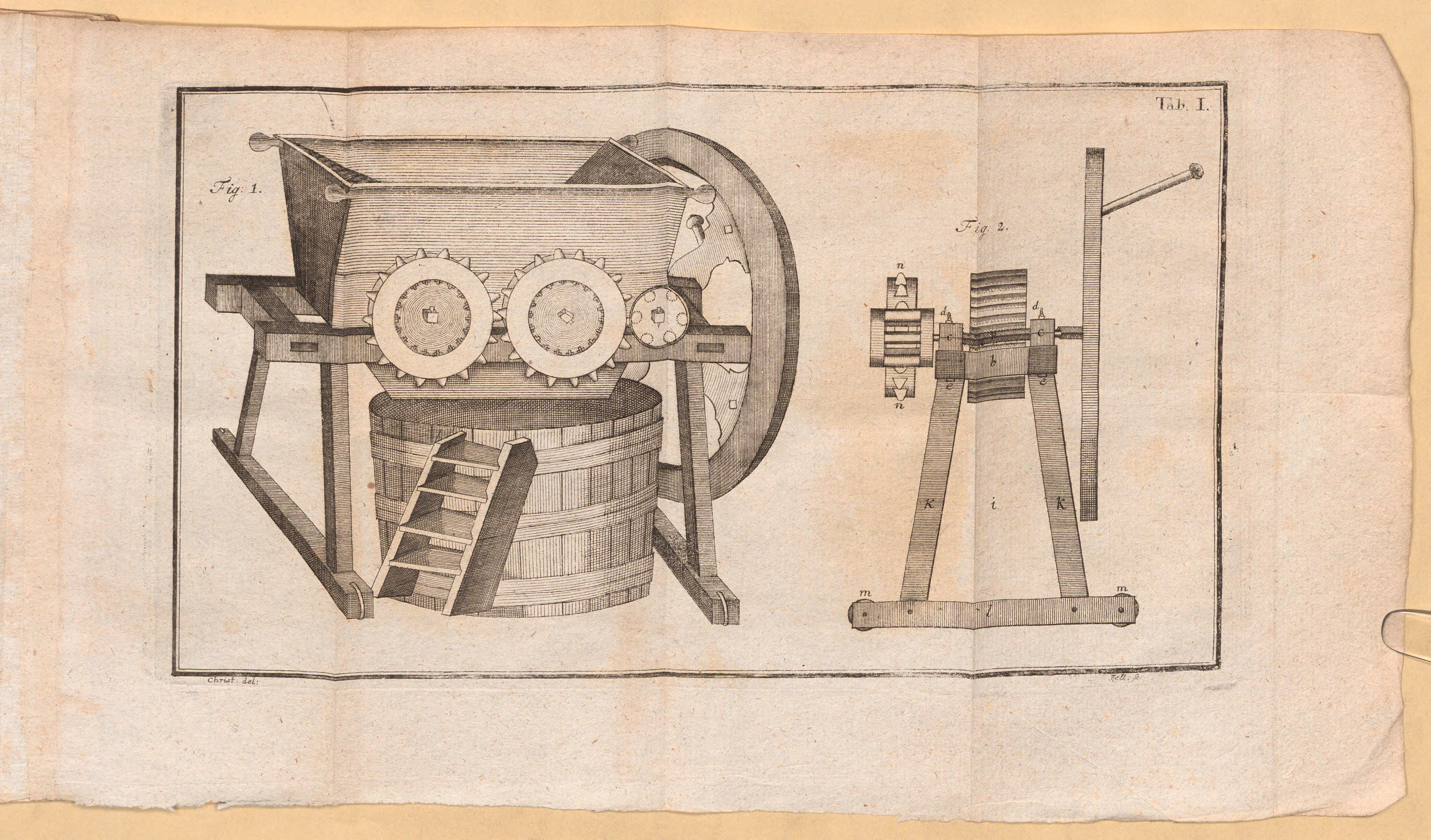 Zeichnung einer Traubenmühle aus einem Lehrbuch von Johann Ludwig Christ von 1782.